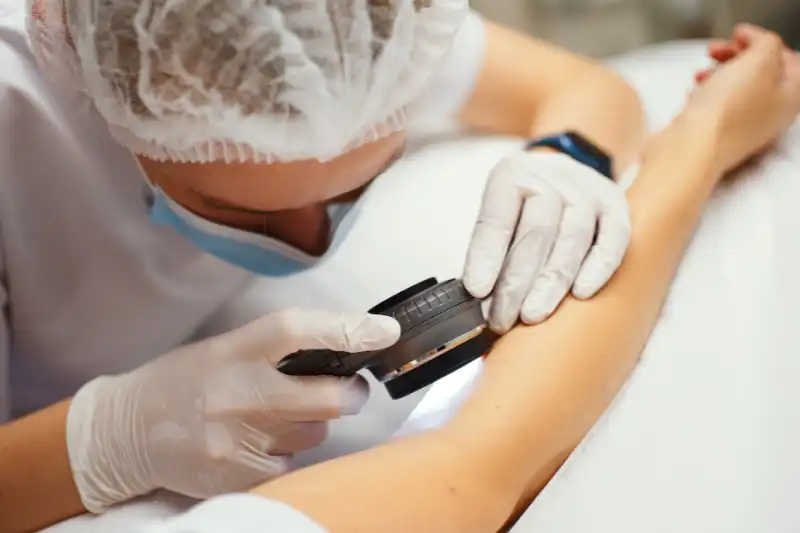 Close-up of a medical professional using an instrument to treat the forehead.